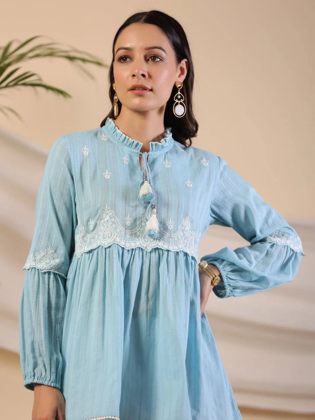 Juniper Blue Ethnic motif Cotton Dobby Tunic with the thread embroidery