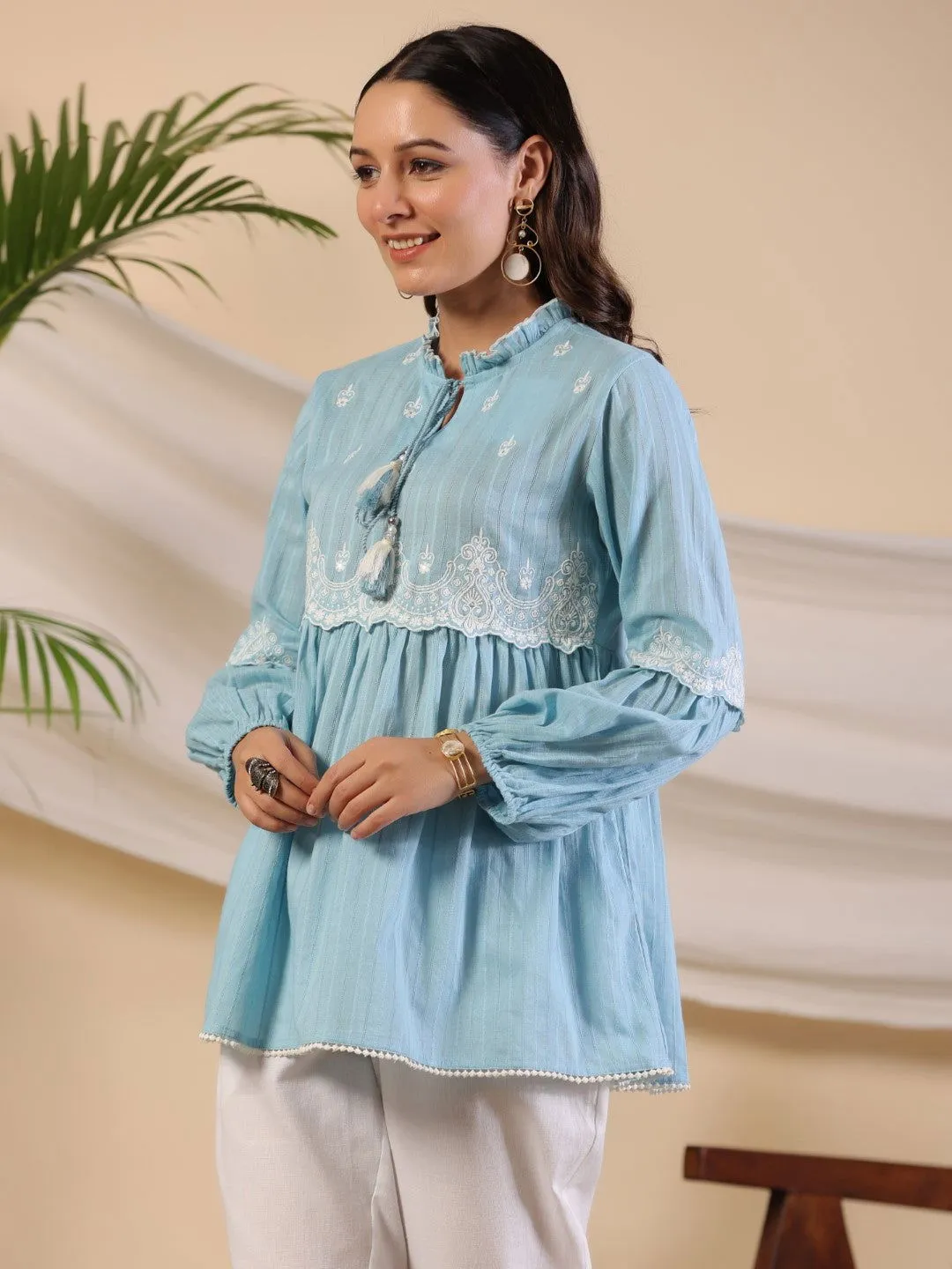 Juniper Blue Ethnic motif Cotton Dobby Tunic with the thread embroidery