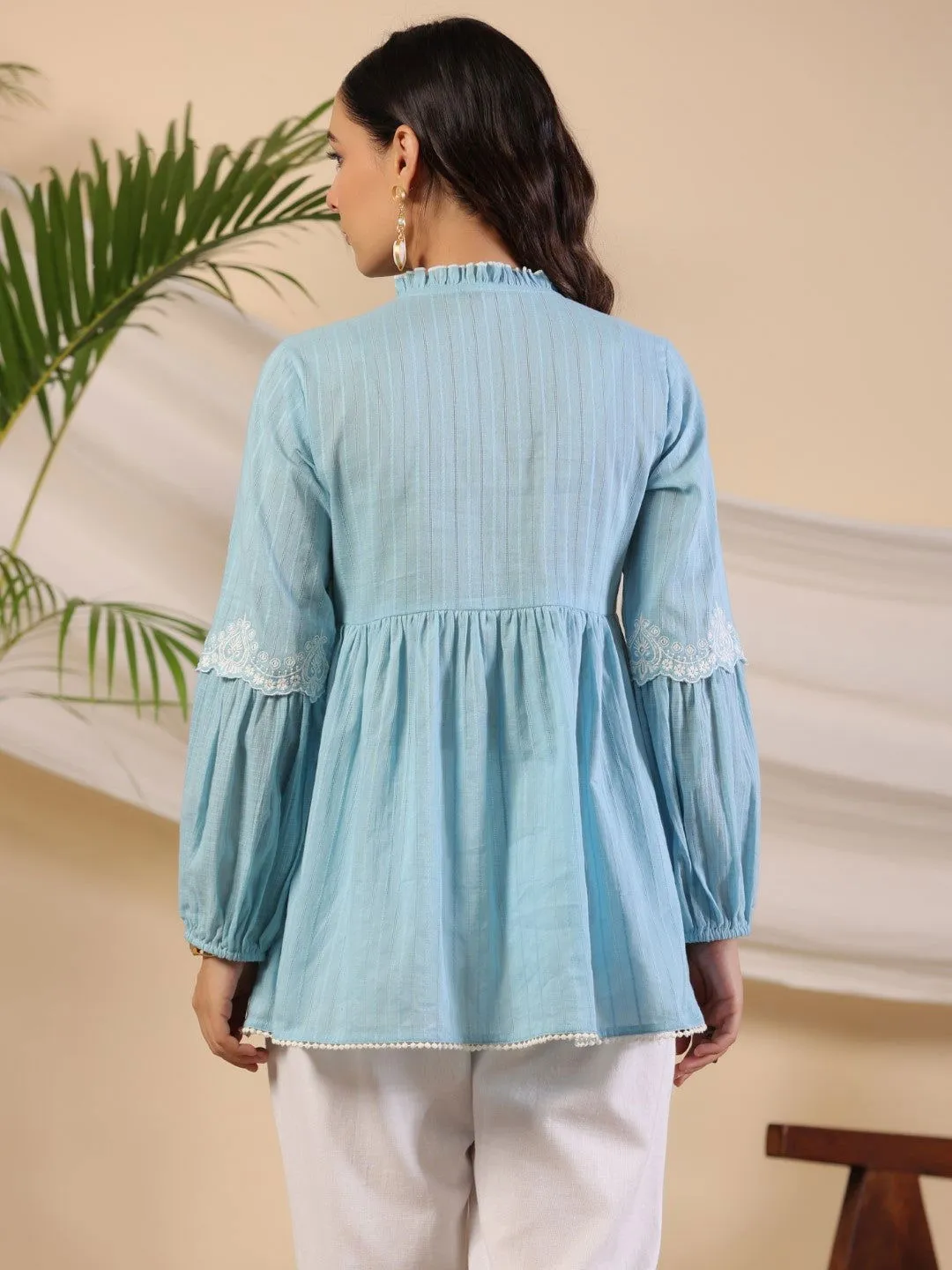 Juniper Blue Ethnic motif Cotton Dobby Tunic with the thread embroidery