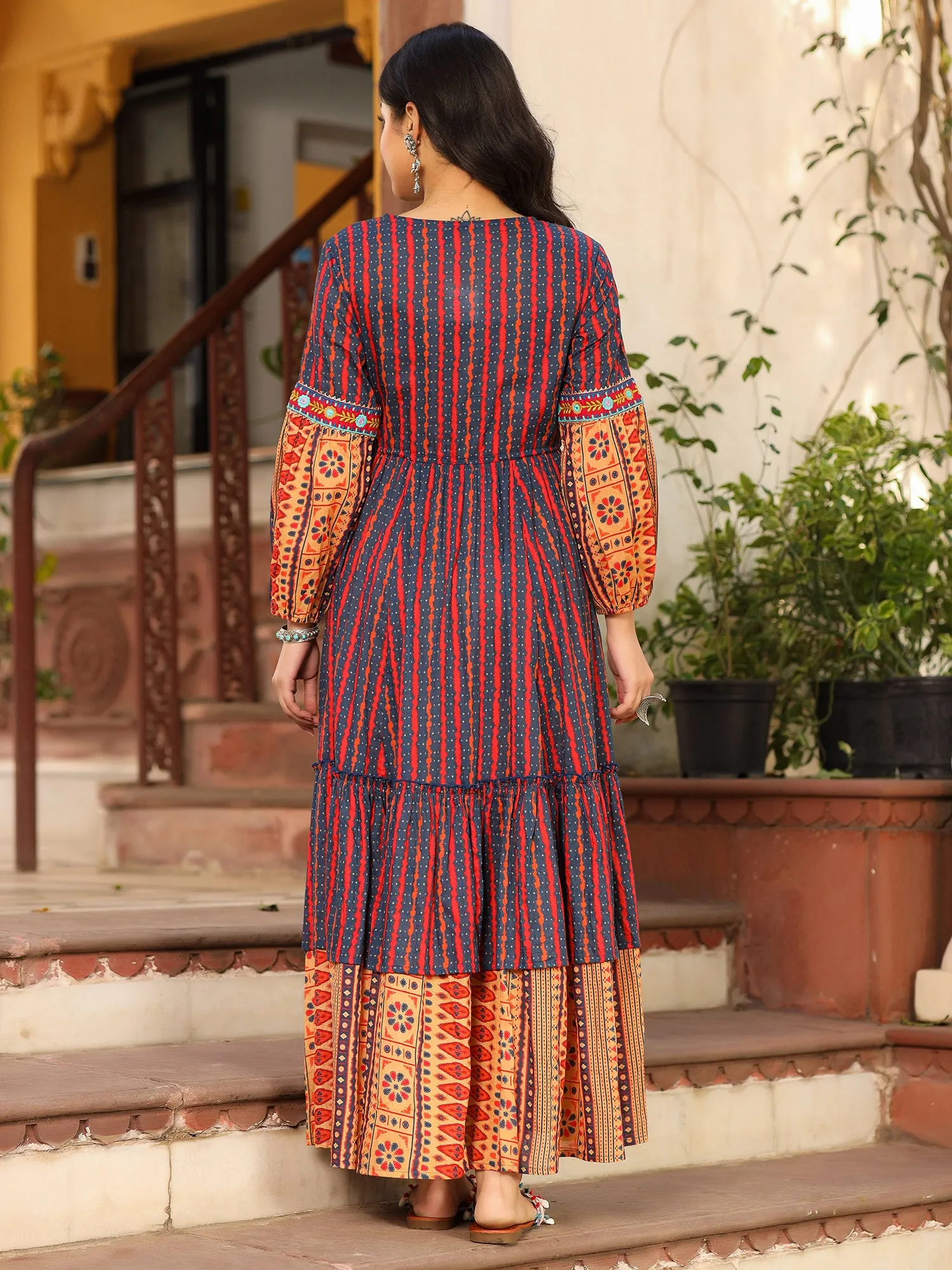 Juniper Rust Ikat Cotton Printed Tiered Maxi Dress With Thread Embroidery & Dori Tassel Tie-Up At Waist