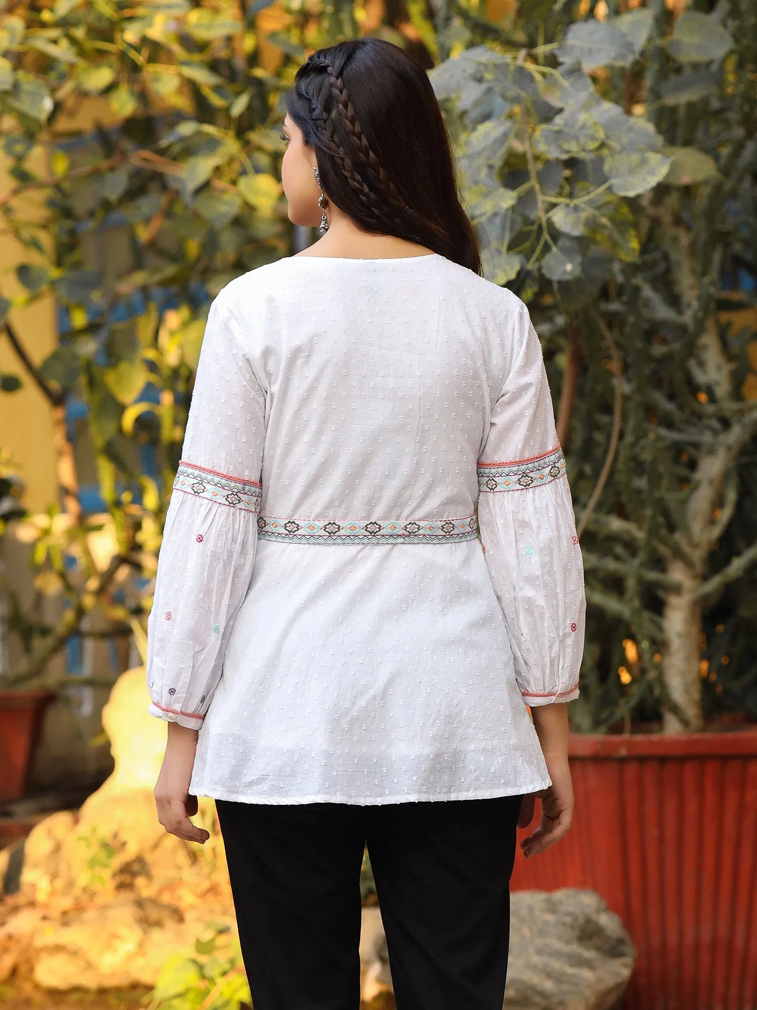 Juniper White Cotton Dobby Peplum Tunic With Multi Colored Thread Embroidery