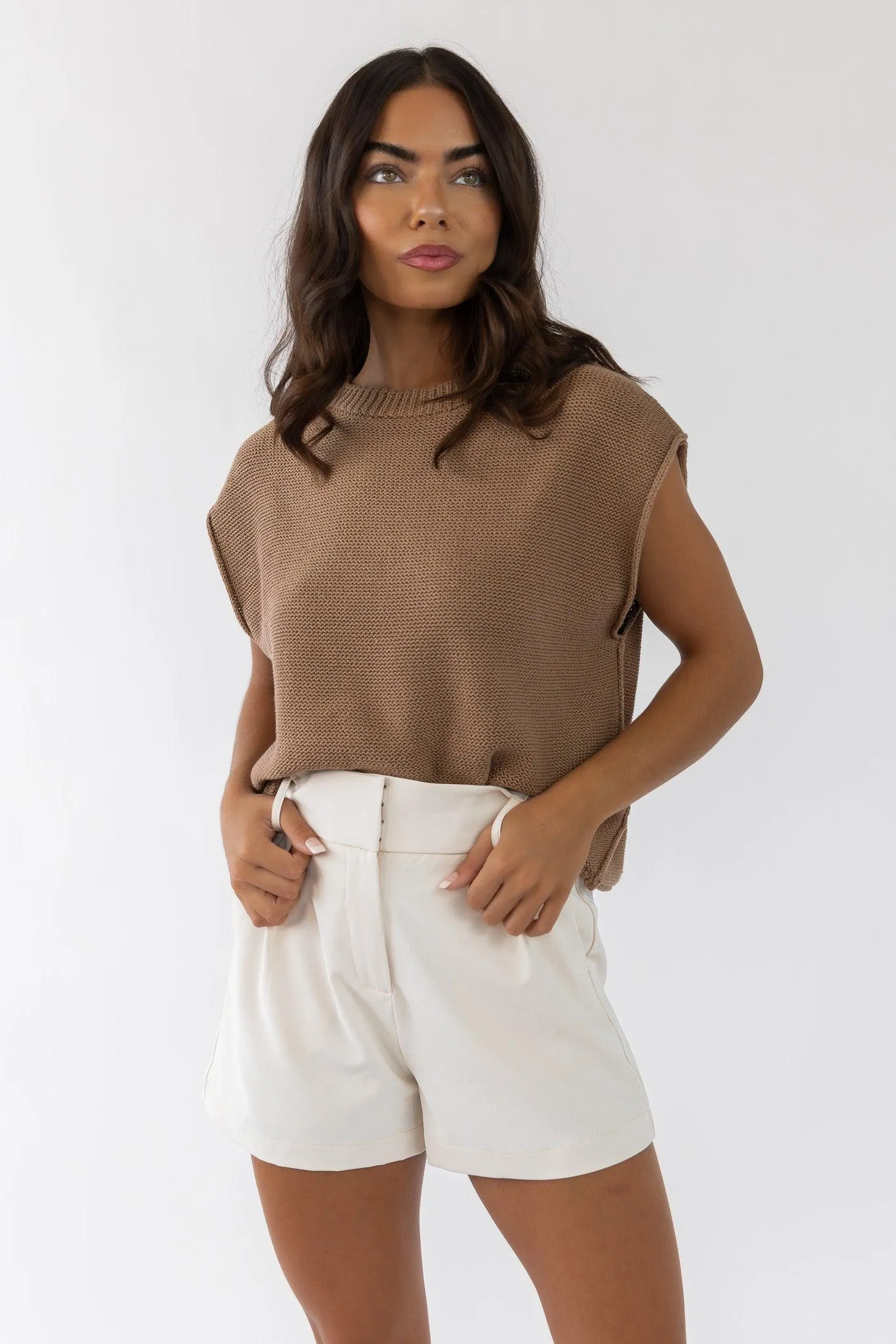 Knox Tan Exposed Hem Sweater