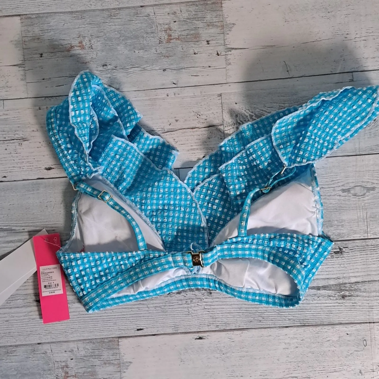 Lilly Pulitzer Aelin Bikini Swim Top Turquoise Oasis Crinkle Gingham