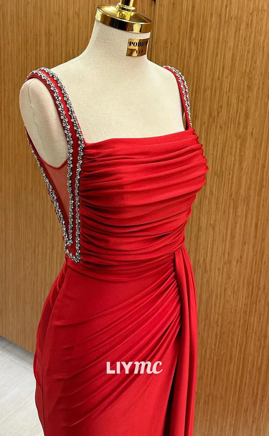 LP1345 - Sexy & Hot Square Straps Sleeveless Red Stain Runched Long Prom Evening Gown