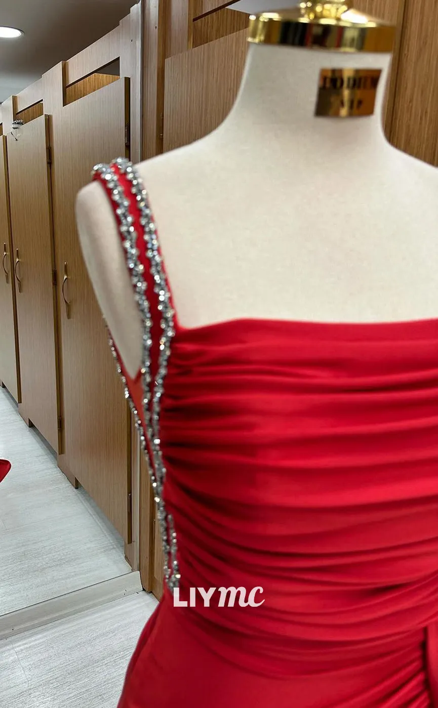 LP1345 - Sexy & Hot Square Straps Sleeveless Red Stain Runched Long Prom Evening Gown