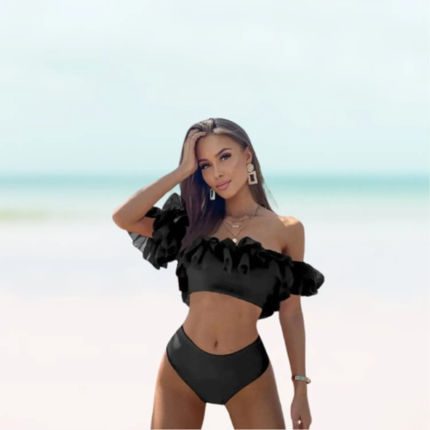 Meloriaswim Hot & Sexy Off-Shoulder Double Ruffle Bikini, Female, Black