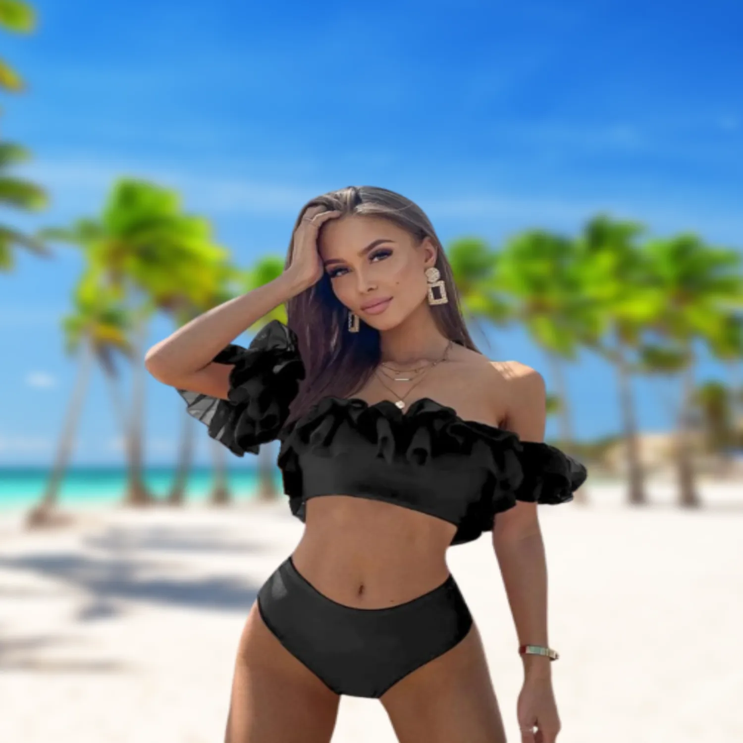 Meloriaswim Hot & Sexy Off-Shoulder Double Ruffle Bikini, Female, Black