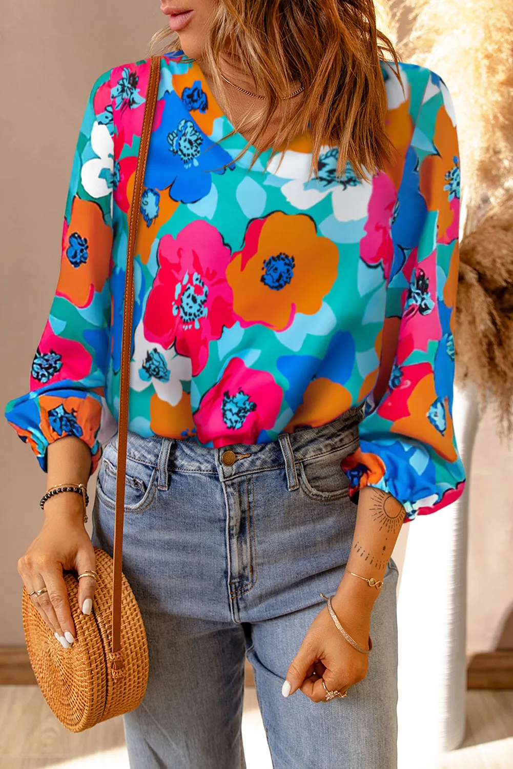 Multicolor Floral Print V Neck 3/4 Sleeve Blouse