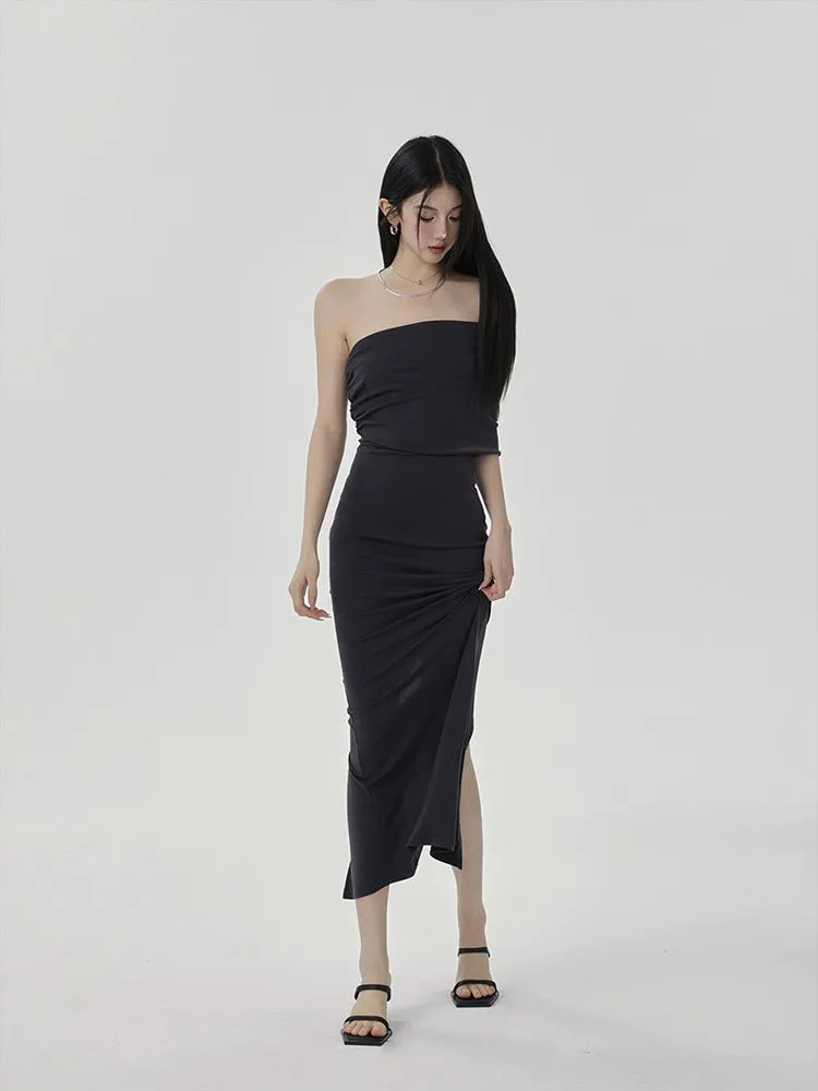 One-Shoulder Ruched Layered Midi Dress