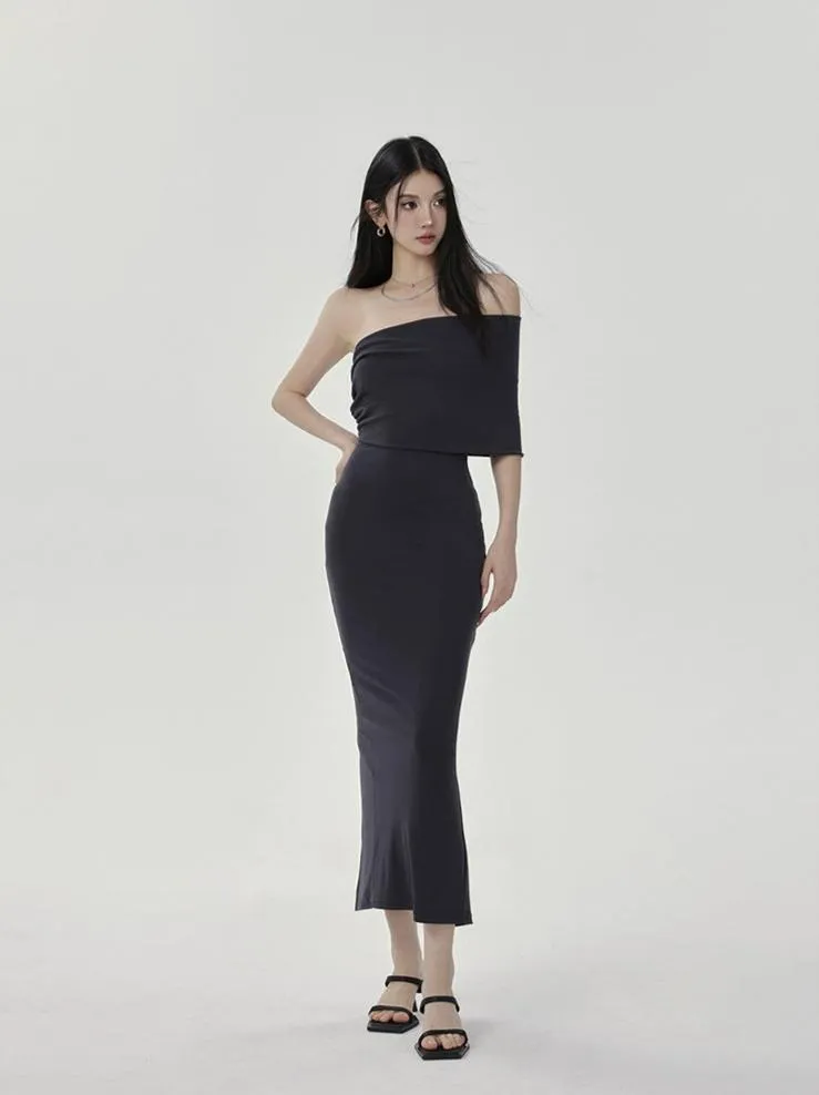 One-Shoulder Ruched Layered Midi Dress