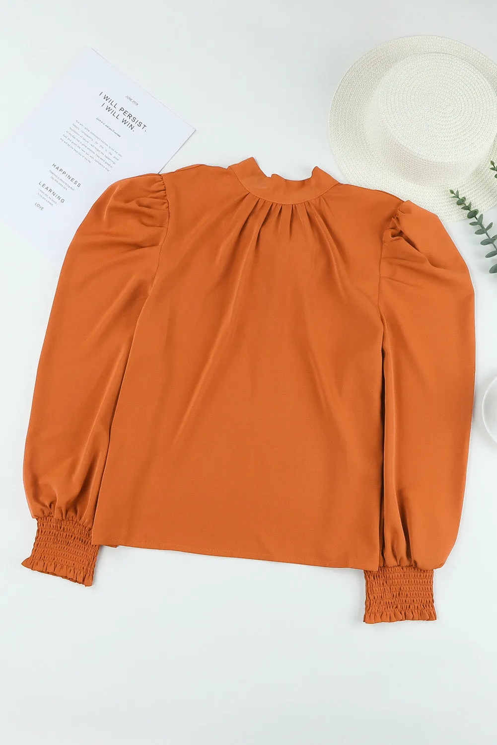 Orange Long Bubble Sleeve Mock Neck Chiffon Blouse