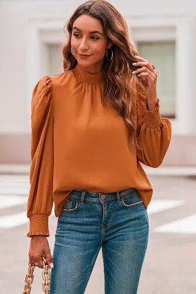 Orange Long Bubble Sleeve Mock Neck Chiffon Blouse