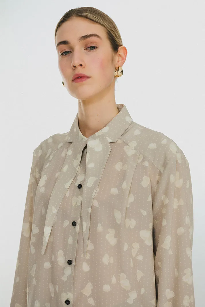 Oversized Floral Print Silk Shirt | Beige