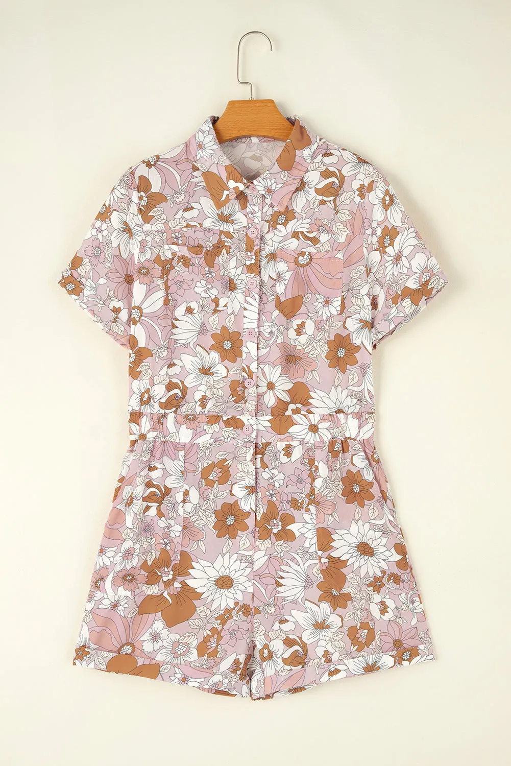 Pink Floral Short Sleeve Collared Button Front Romper