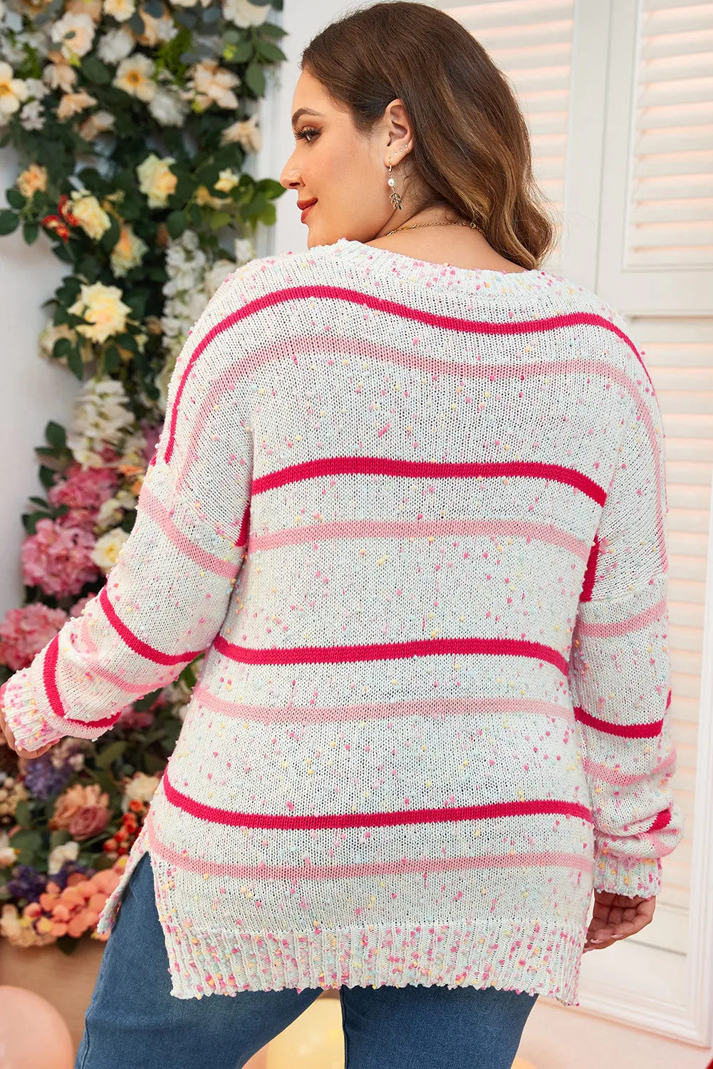 Pink Stripe Drop Shoulder Side Split Plus Size Sweater