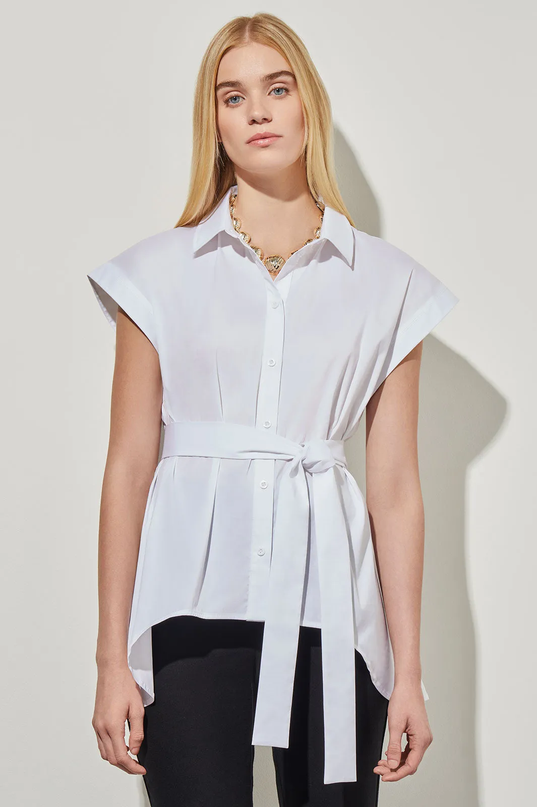 Plus Size High-Low Shirt - Tie-Waist Stretch Cotton