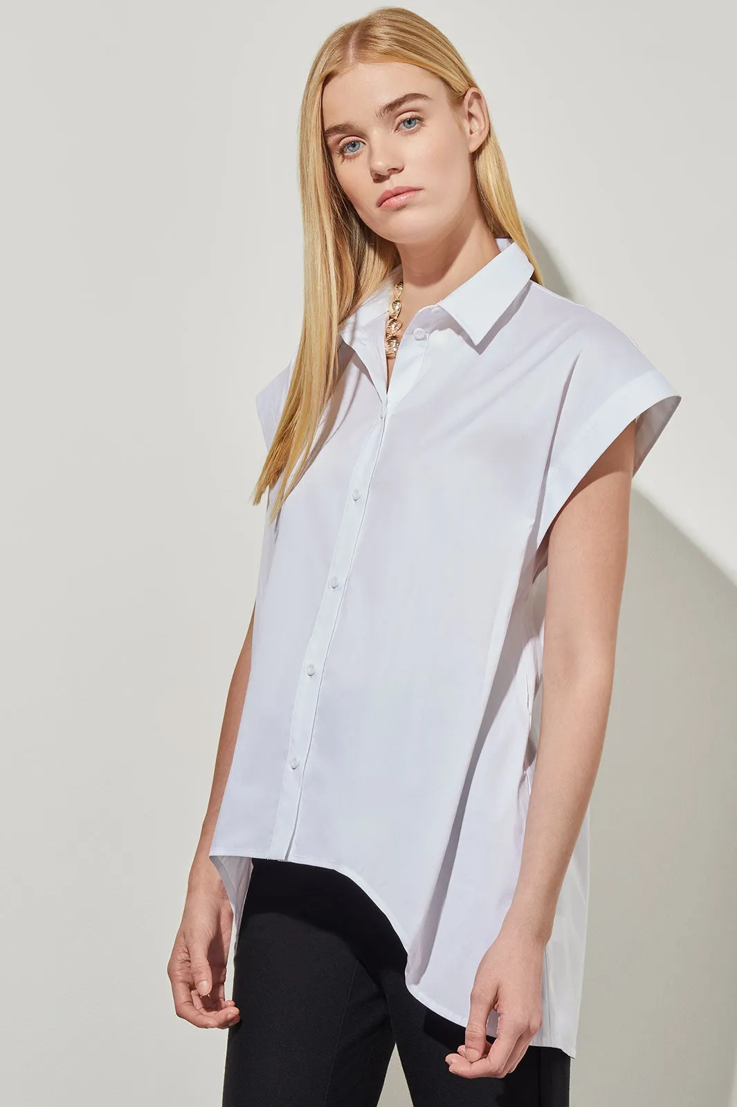 Plus Size High-Low Shirt - Tie-Waist Stretch Cotton