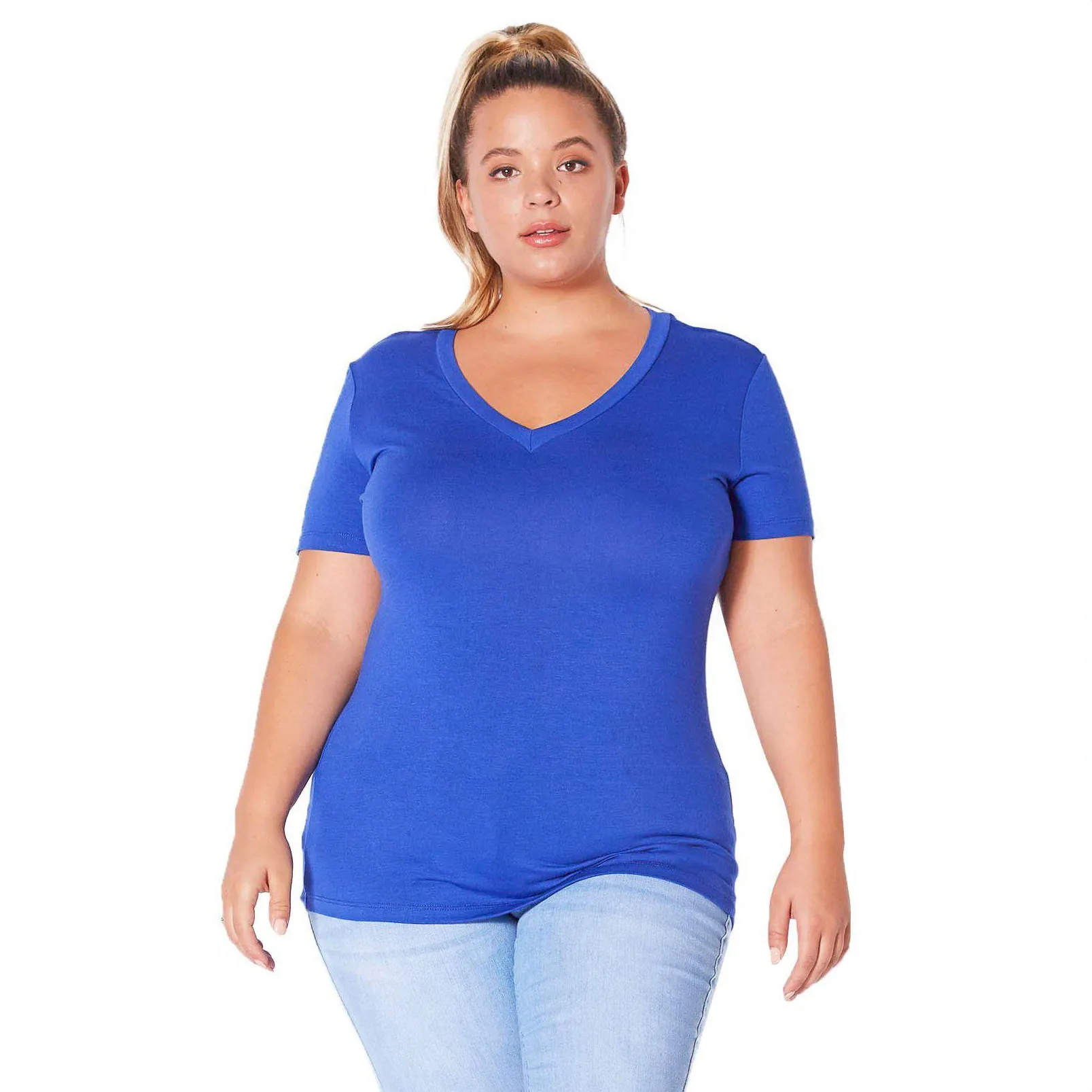 Plus Size V-neck Short Sleeve Basic Tee