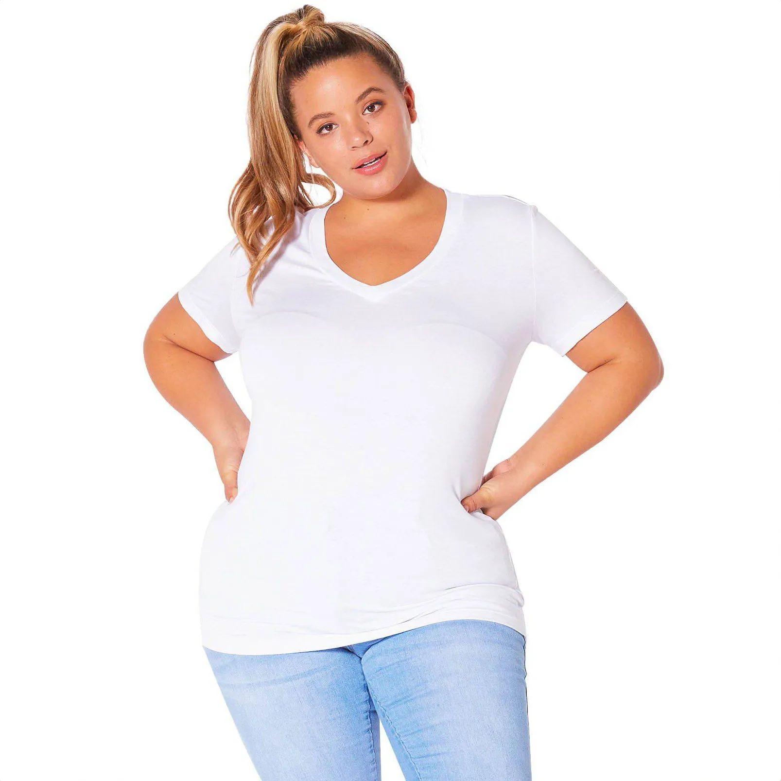 Plus Size V-neck Short Sleeve Basic Tee