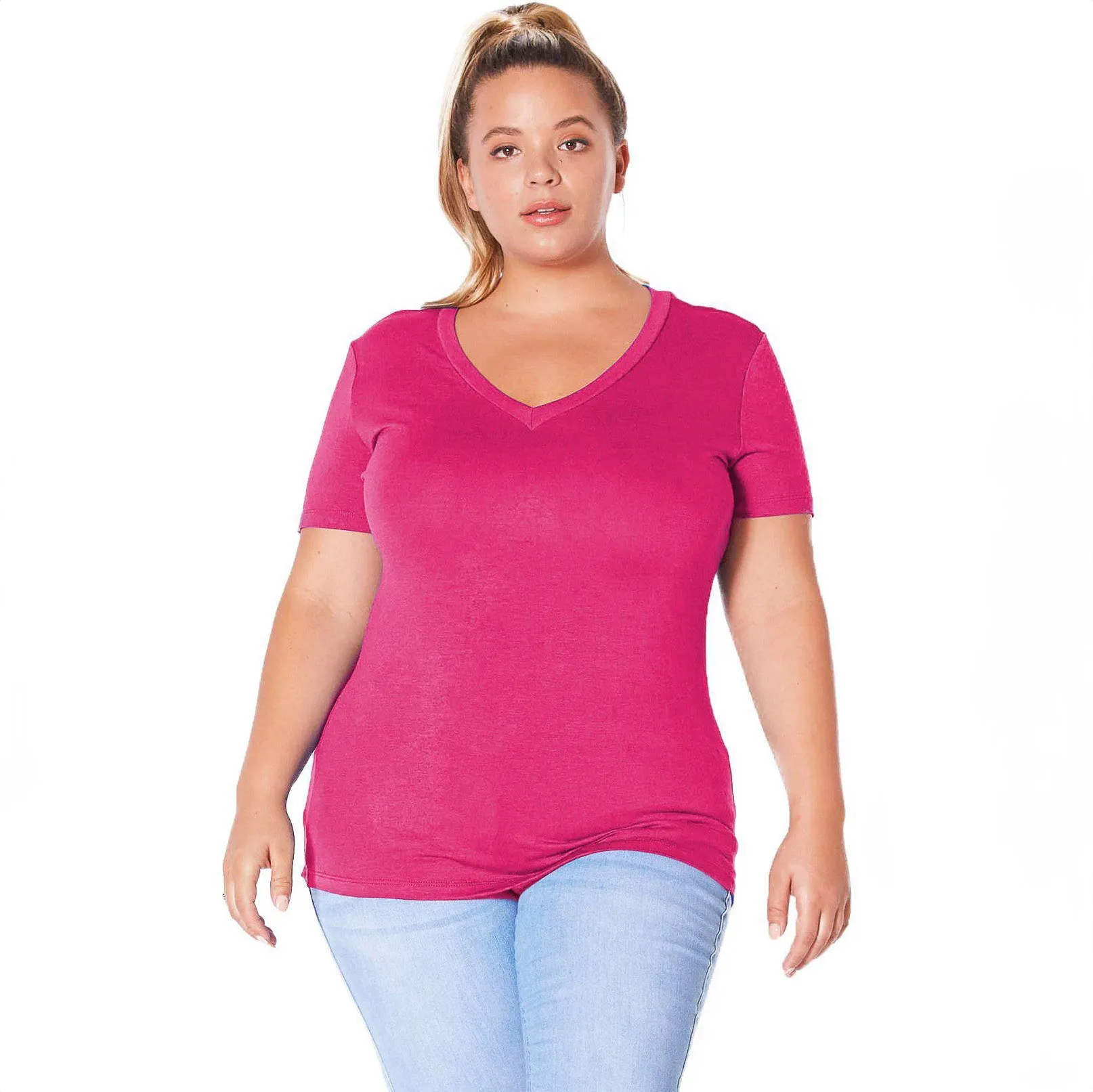 Plus Size V-neck Short Sleeve Basic Tee