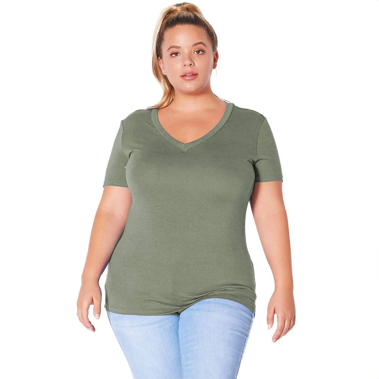 Plus Size V-neck Short Sleeve Basic Tee