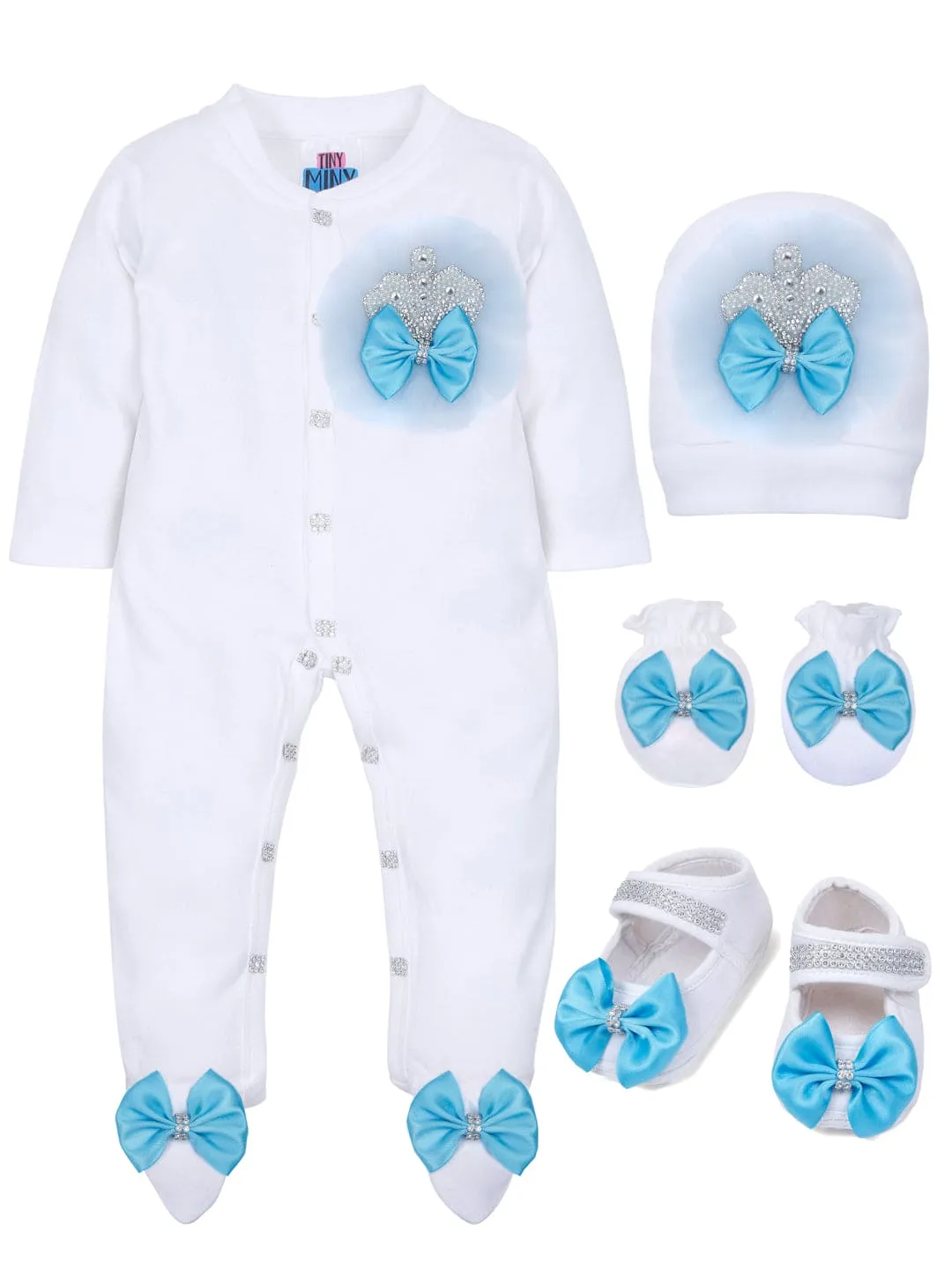 Pre-Order:  Blue Frill Pearl Crown Sleepsuit set with Shoes