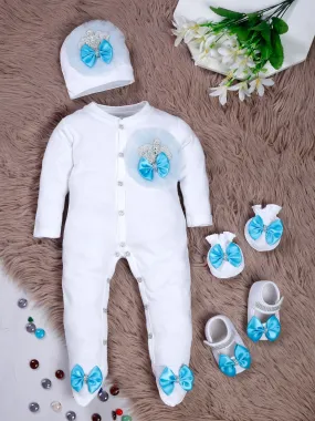 Pre-Order:  Blue Frill Pearl Crown Sleepsuit set with Shoes