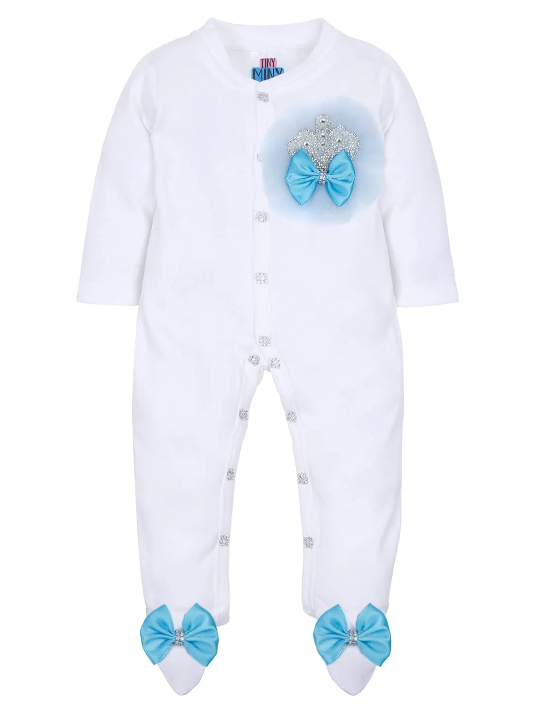 Pre-Order:  Blue Frill Pearl Crown Sleepsuit set with Shoes