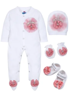 Pre-Order:  Blush Frill Pearl Crown Sleepsuit with Shoes