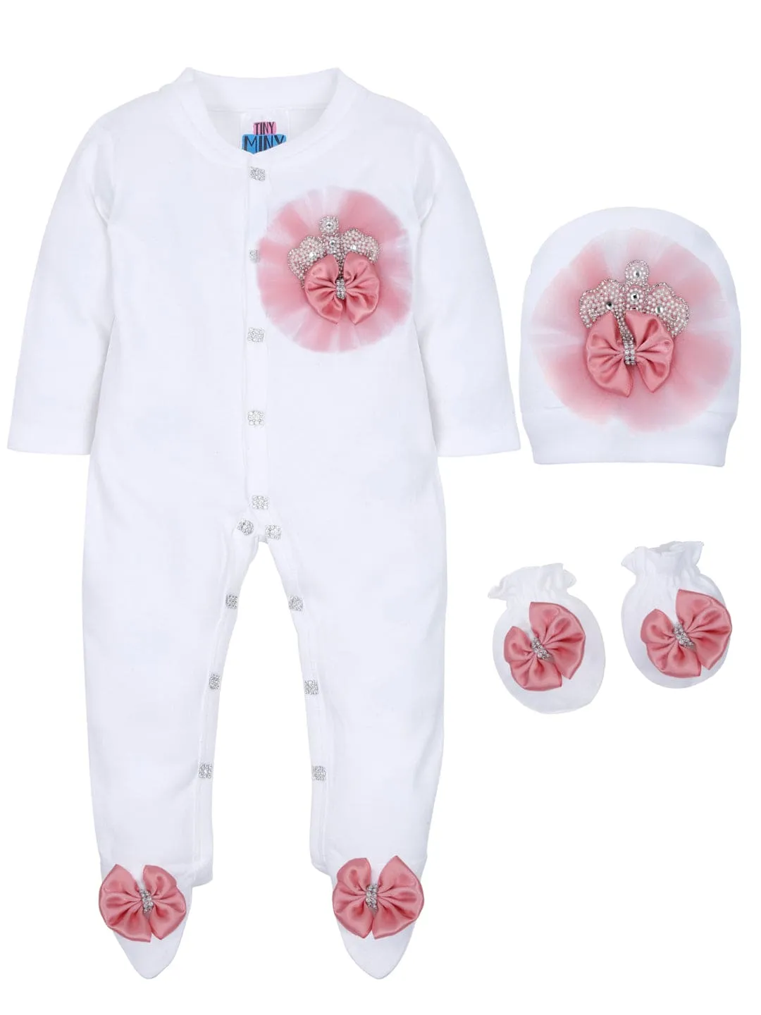 Pre-Order:  Blush Frill Pearl Crown Sleepsuit with Shoes