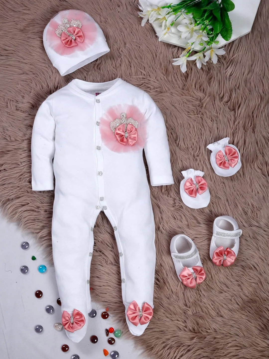 Pre-Order:  Blush Frill Pearl Crown Sleepsuit with Shoes