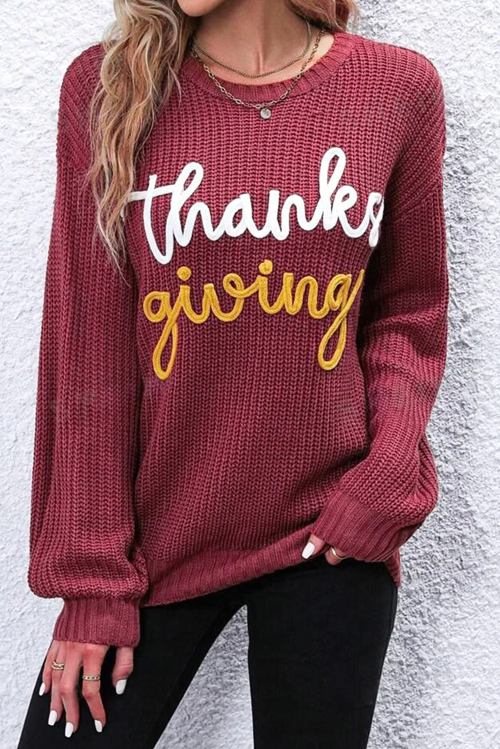 Red Sandalwood Thanks Giving Letter Graphic Crew Neck Sweater