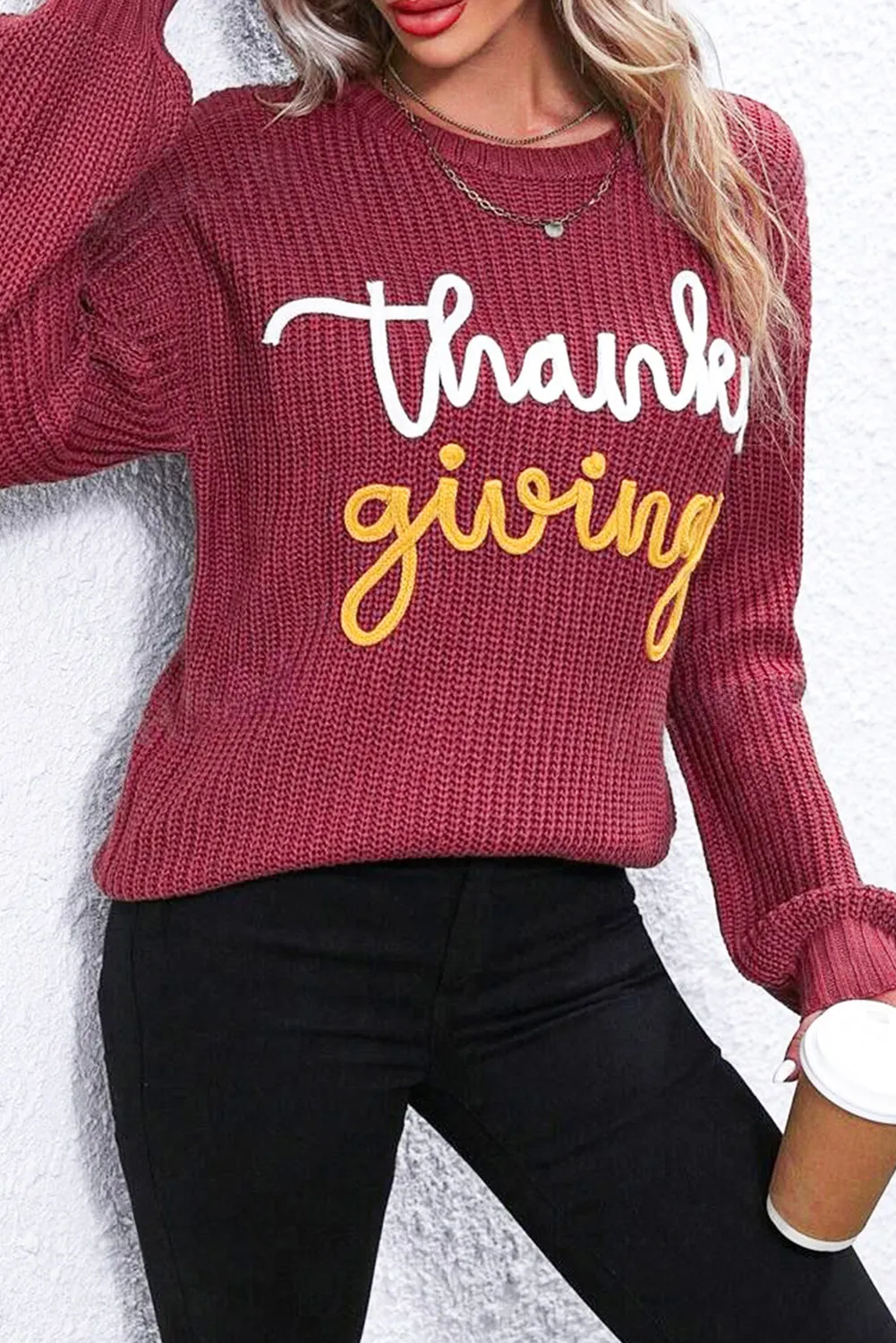 Red Sandalwood Thanks Giving Letter Graphic Crew Neck Sweater