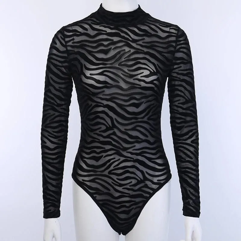 Retro Black Zebra Women's Bodysuit: Long Sleeve Mesh See-Through, Sexy Embroidery Lace