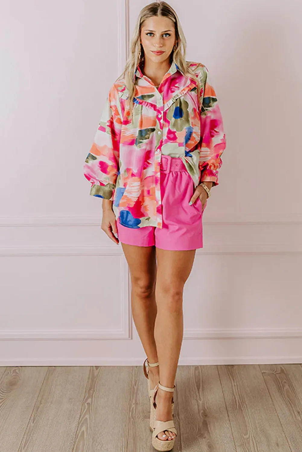 Rose Abstract Print Ruffled Puff Sleeve Shirt