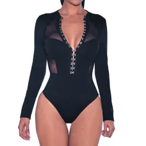 'Roxanne' Black Hook and Eye Goth Mesh Long Sleeved Bodysuit