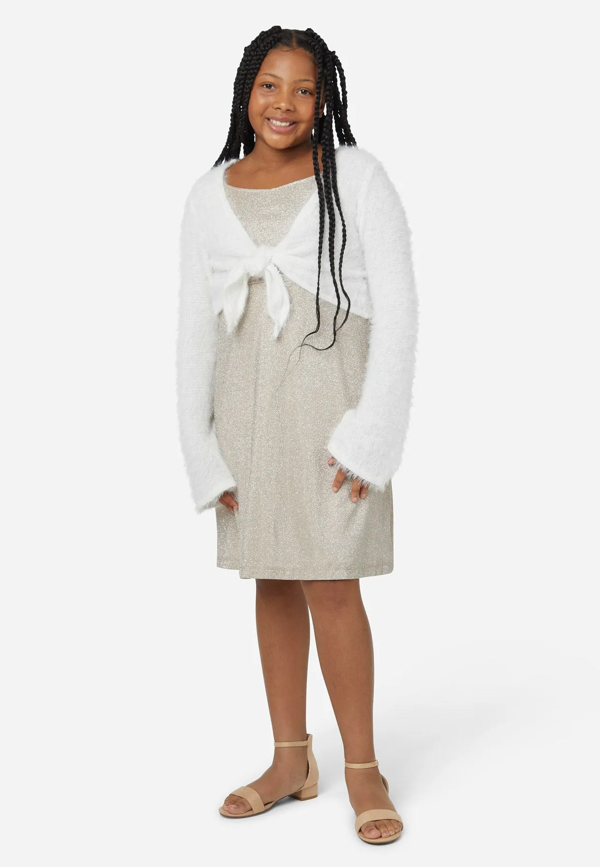 Shimmer Dress with Fuzzy Overlayer