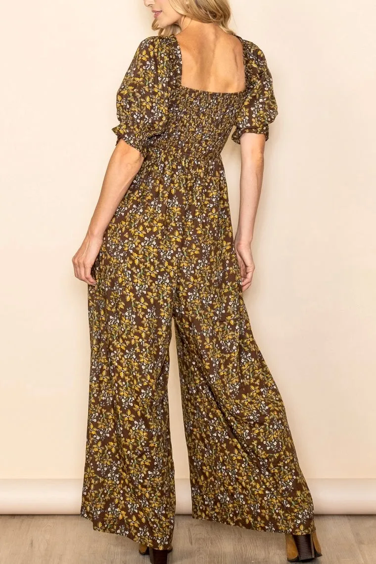 Smocked Floral Puff Sleeve Jumpsuit- Brown