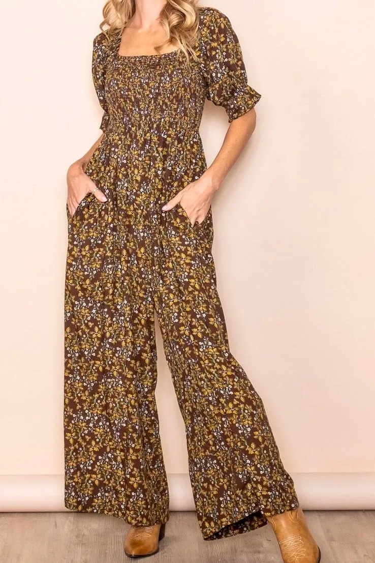 Smocked Floral Puff Sleeve Jumpsuit- Brown