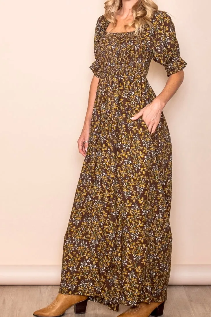 Smocked Floral Puff Sleeve Jumpsuit- Brown