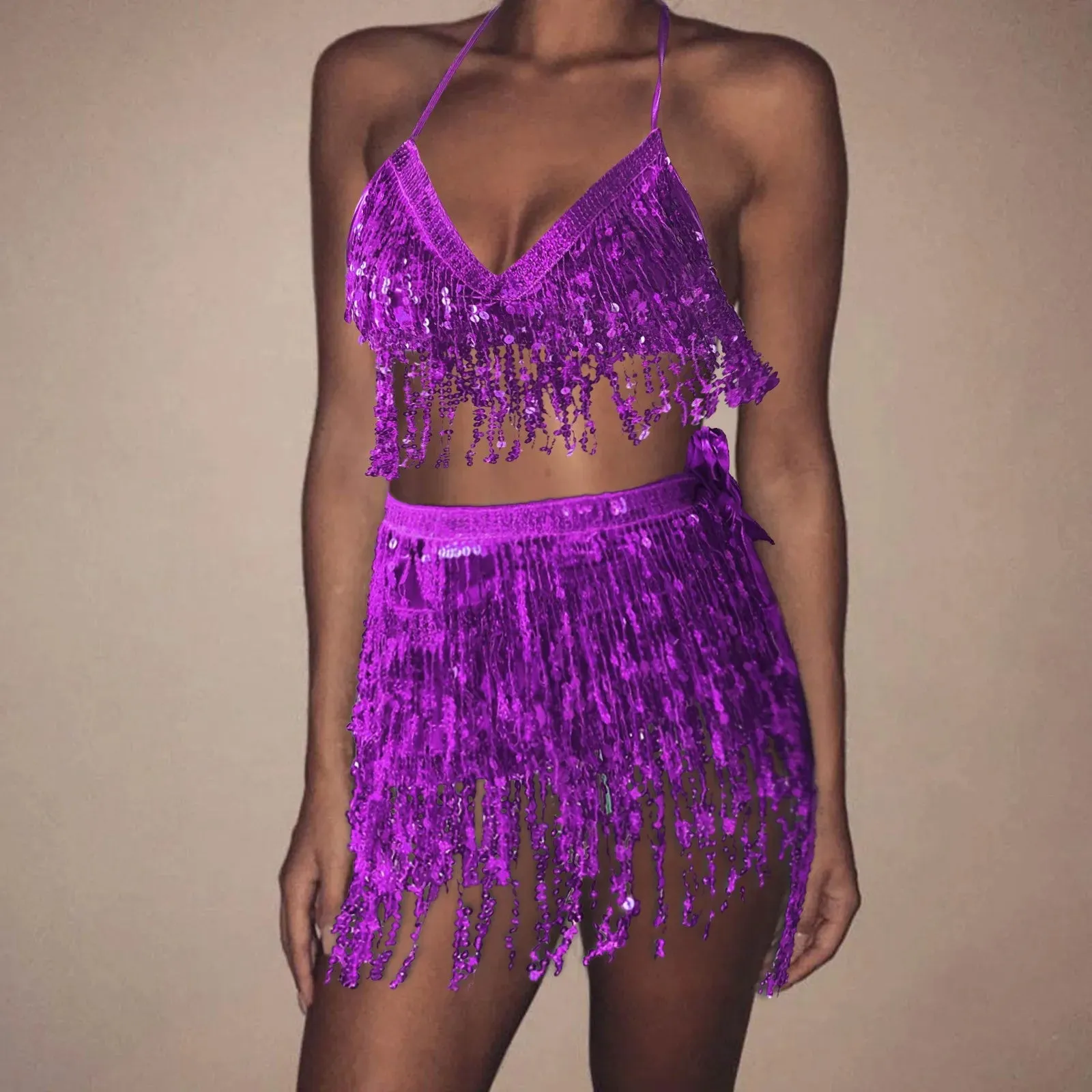 Sparkling Sequin Belly Costume Tassel Wrap Mini Skirt Club And Vest Set Club Party Shiny Dance Costume Two-Piece Women Clothing Dress