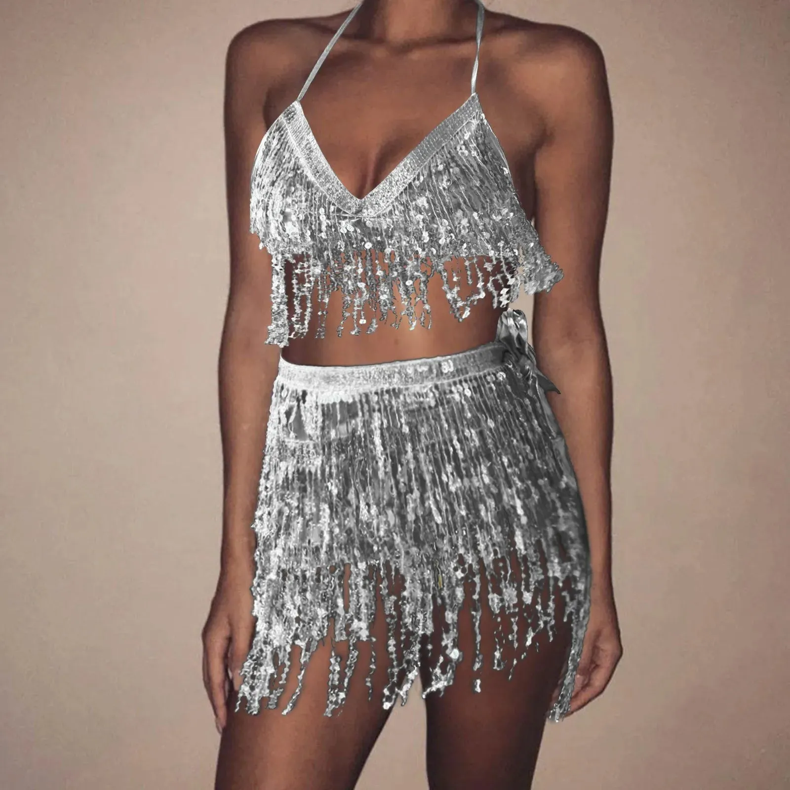 Sparkling Sequin Belly Costume Tassel Wrap Mini Skirt Club And Vest Set Club Party Shiny Dance Costume Two-Piece Women Clothing Dress