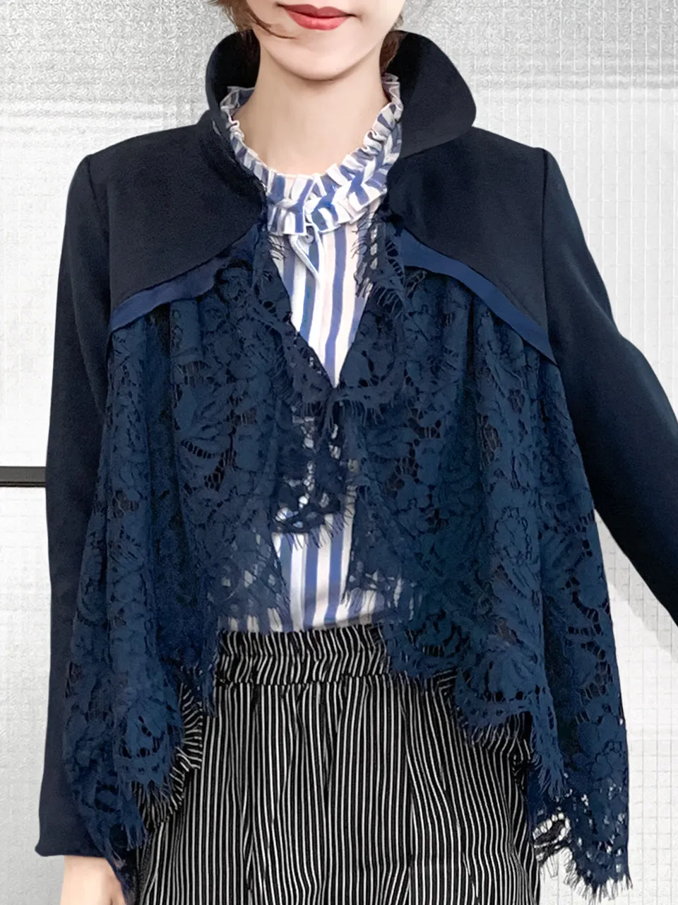 Surprise Sale! Navy Wool Blend Swing High/Low Lace Dolly Jacket