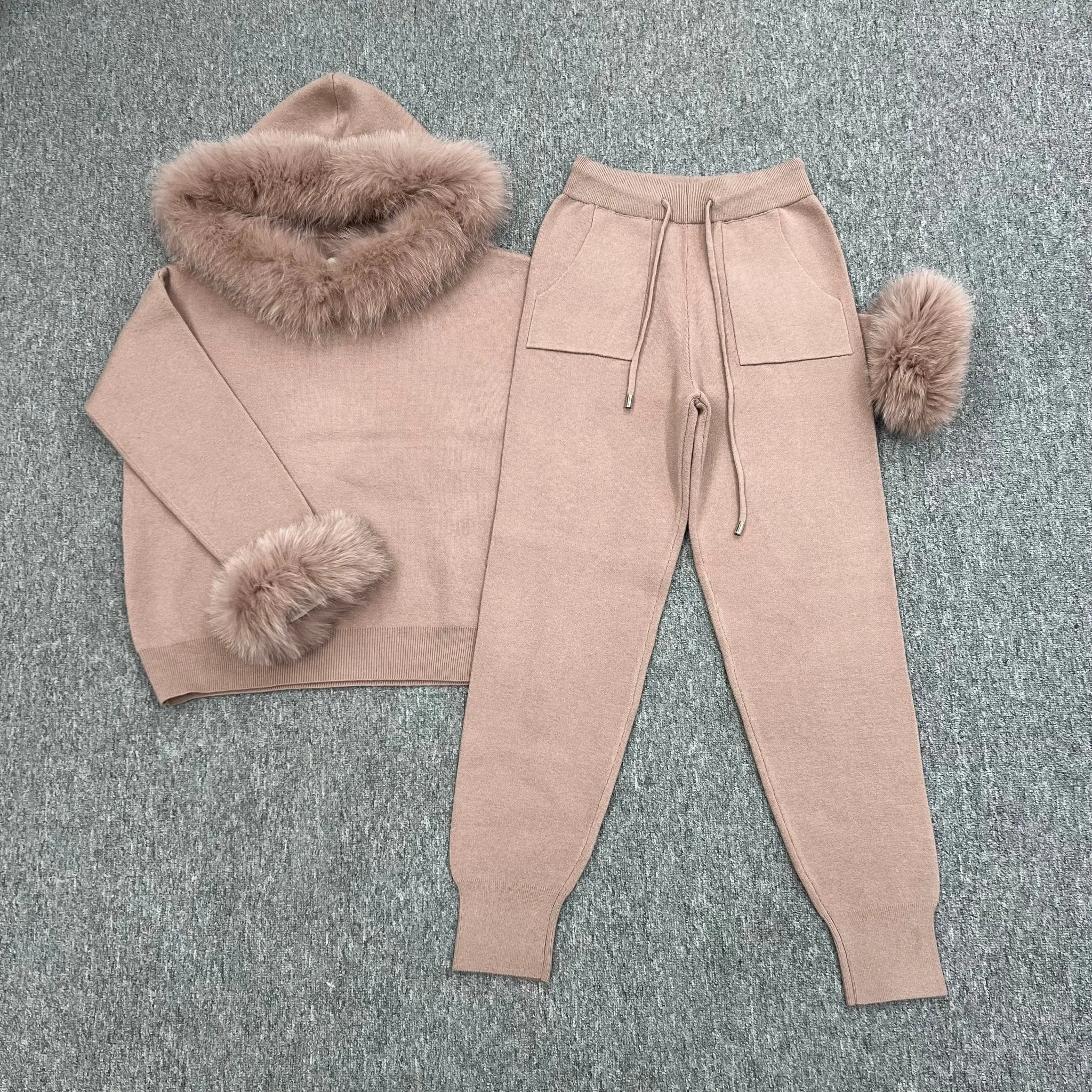 Taupe Luxury Fur Trim Hood & Cuff Jogger Tracksuit