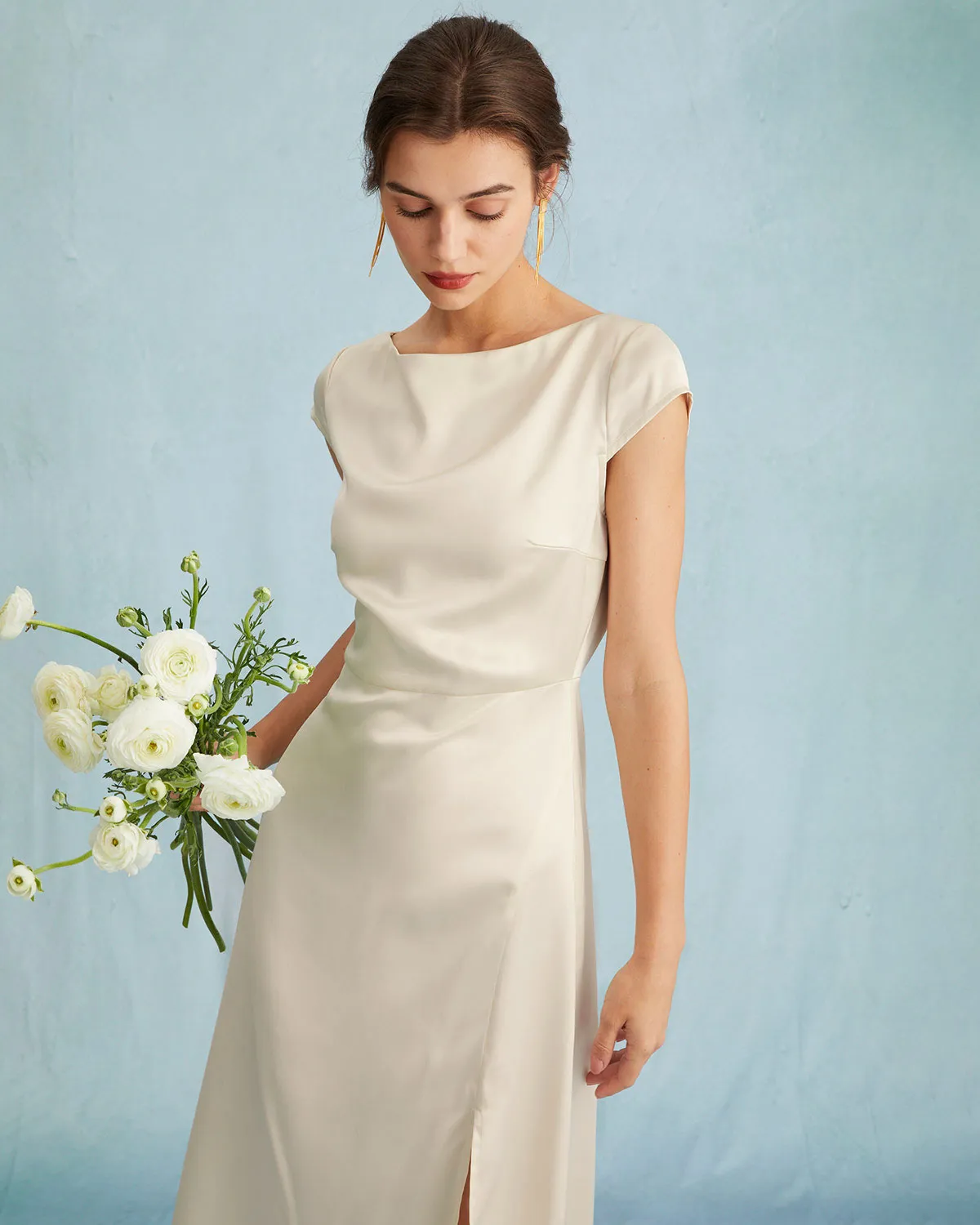 The Apricot Satin Cap Sleeve Sheath Slit Midi Dress