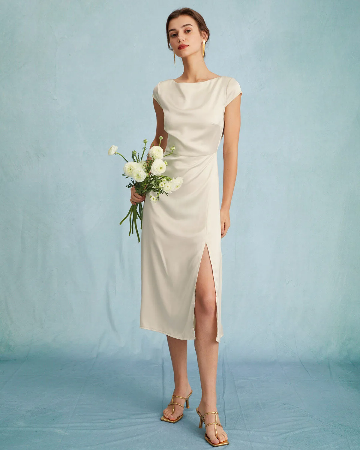 The Apricot Satin Cap Sleeve Sheath Slit Midi Dress