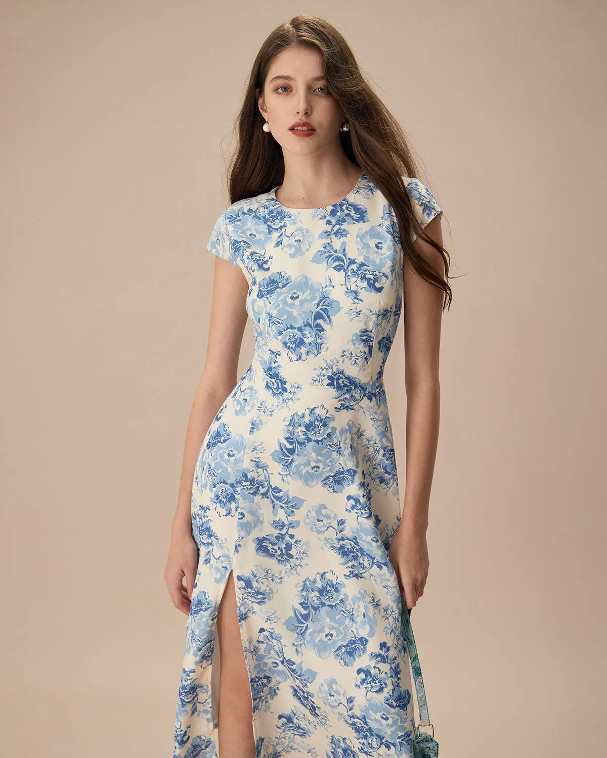 The Blue Round Neck Cap Sleeve Floral Midi Dress