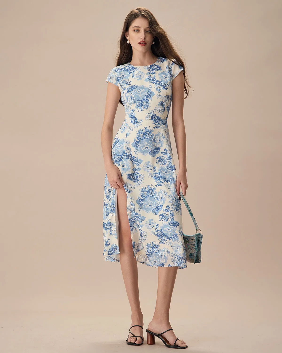 The Blue Round Neck Cap Sleeve Floral Midi Dress