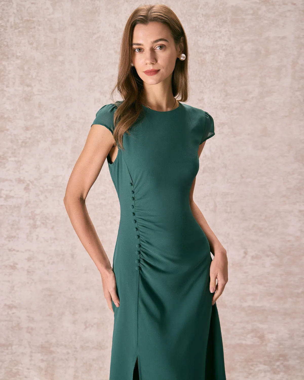 The Green Cap Sleeve Side Split Midi Dress