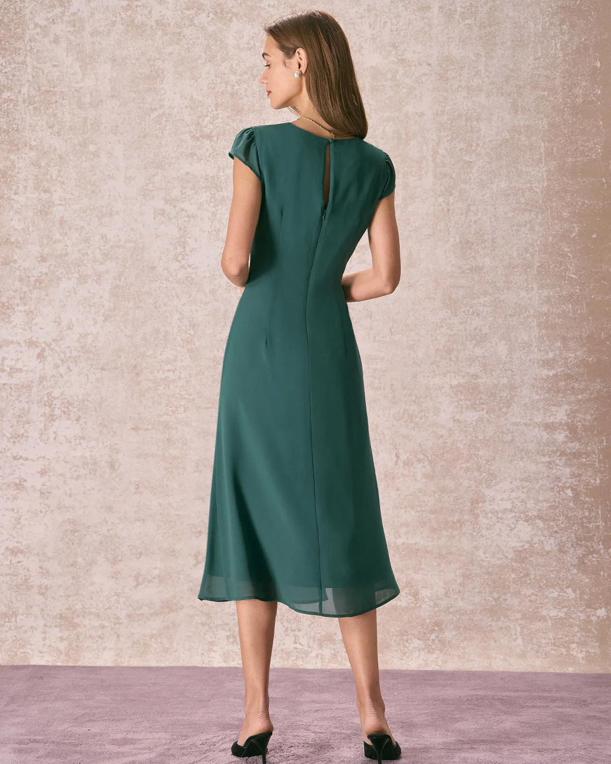 The Green Cap Sleeve Side Split Midi Dress